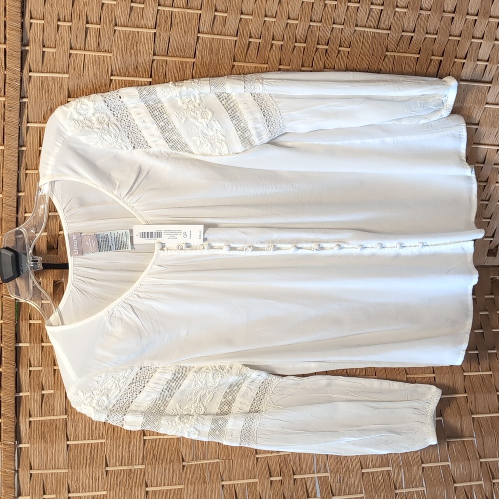 Chico’s Boho Embroidered White Blouse Sheer Lace Sleeves NWT - Picture 1 of 5